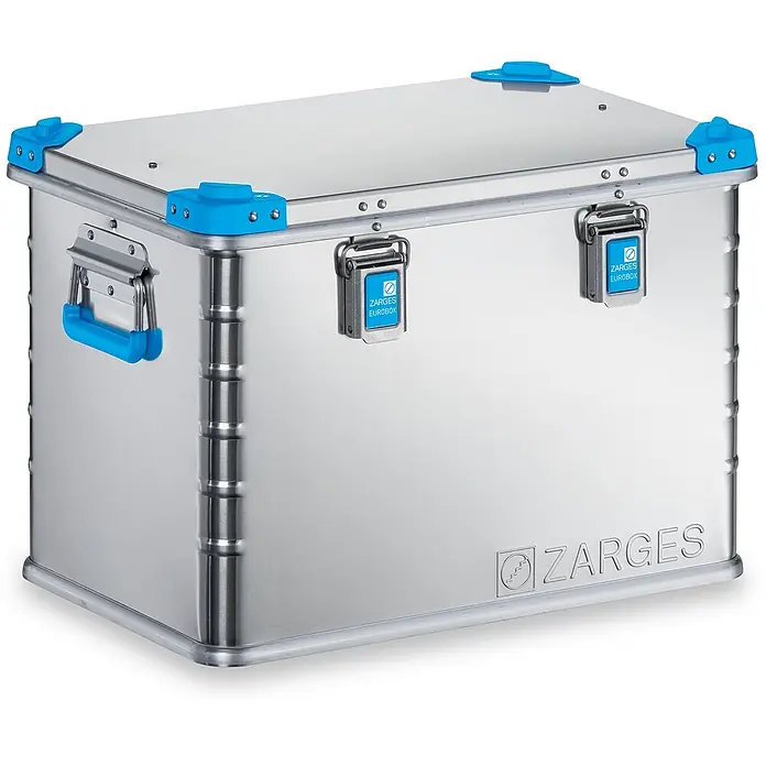 Zarges Aufbewahrungsbox Eurobox 600x400x410mm -  - Silberne ZARGES Eurobox aus Aluminium mit blauen Eckschützern, Griffen und Verschlusslabels für Lagerung und Transport.