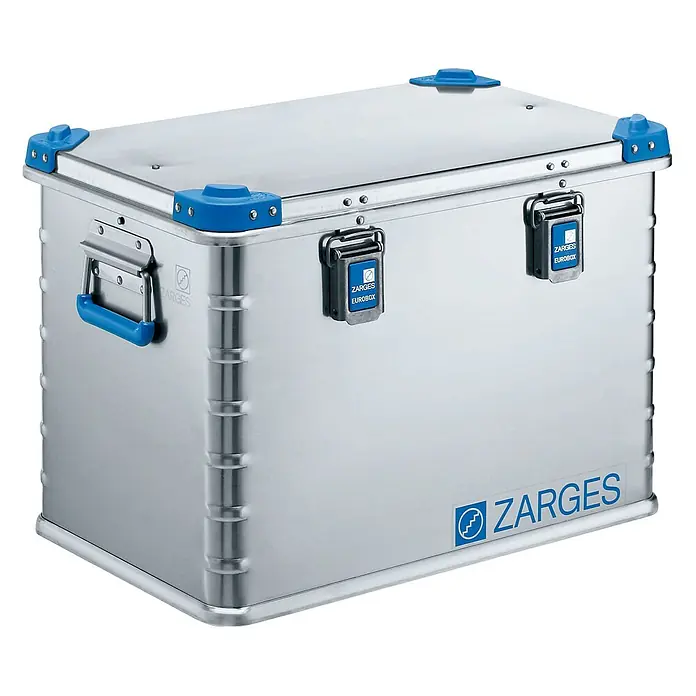 Zarges Aufbewahrungsbox Eurobox 600x400x410mm -  - Silberne Aluminium ZARGES EUROBOX mit blauen Schutzecken, Griffen und Verschlüssen.