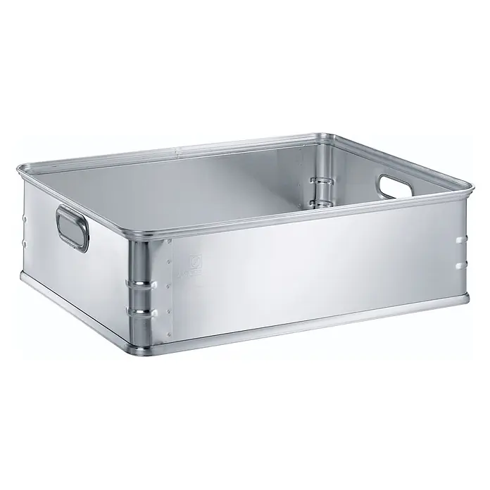 Zarges Aufbewahrungsbox Alu-Kasten K270 760x580x225mm 77l Volumen -  - Silberfarbene, rechteckige Aluminium-Transportbox mit Griffen.