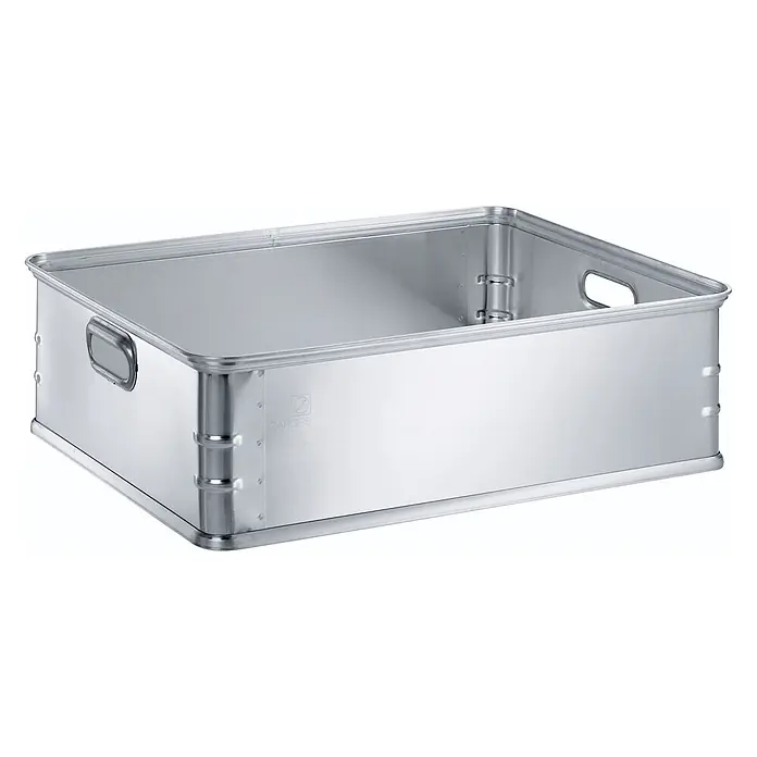 Zarges Aufbewahrungsbox Alu-Kasten K270 760x580x225mm 77l Volumen -  - Silberne Aluminium-Stapelbox mit Griffen und verstärkten Seiten, ideal für Transport und Lagerung.