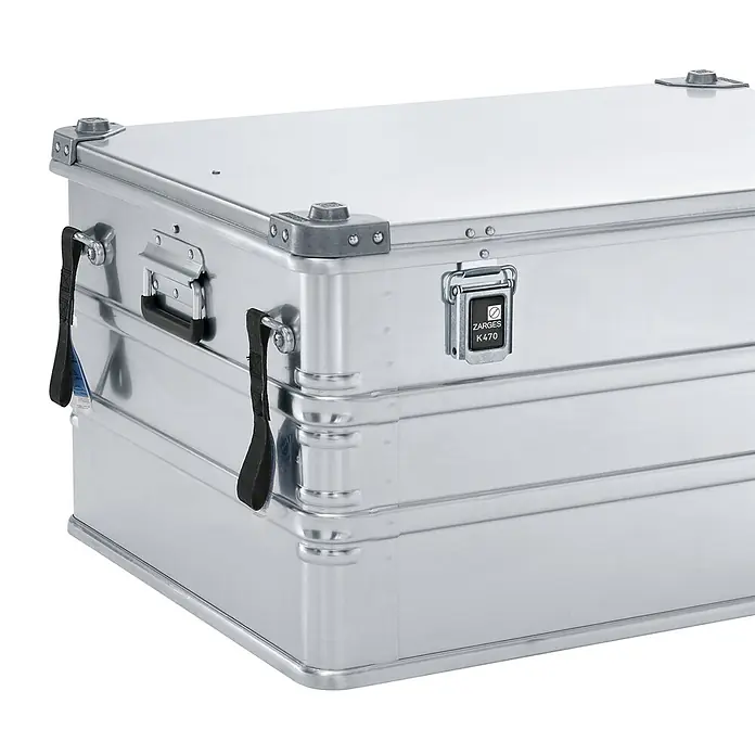 Zarges Aufbewahrungsbox Hebeschlinge aus Chemiefasern 40745 -  - Silberne Aluminium-Transportbox mit Griffen und Verschlüssen für sicheren Transport und Lagerung.