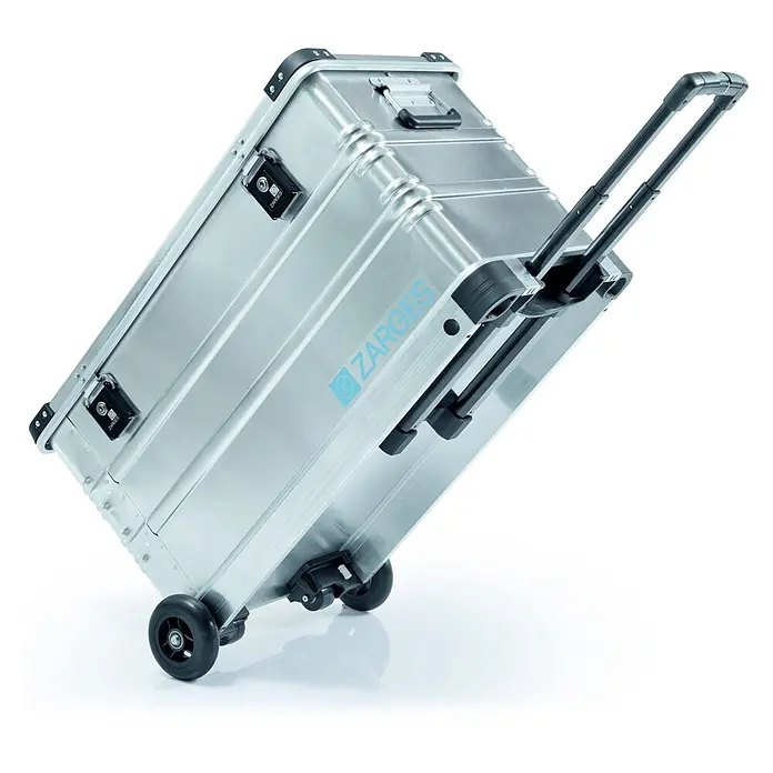 Zarges Aufbewahrungsbox K 424 XC Mobil Universal Alu Box 99l -  - Silberner Aluminium-Rollkoffer mit ausziehbarem Griff und Rollen.