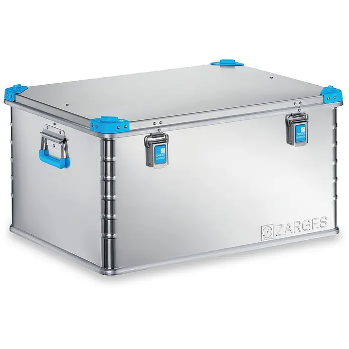 Zarges Aufbewahrungsbox Eurobox 800x600x410mm -  - Robuste Aluminium Transportbox in Silber mit blauen Griffen, Verschlüssen und Eckenschützern.