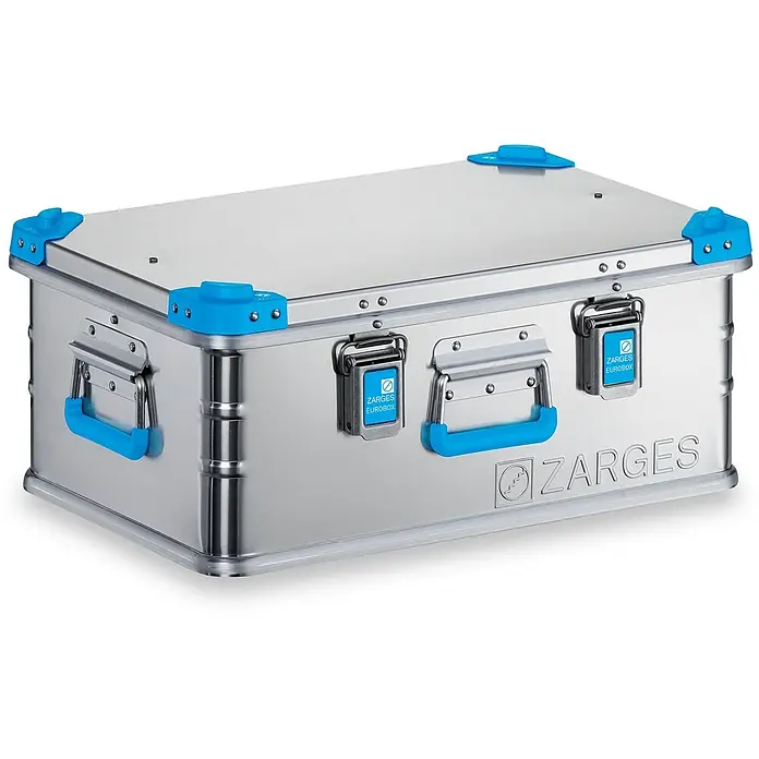 Zarges Aufbewahrungsbox Eurobox 600x400x250mm -  - Silberne Aluminium-Aufbewahrungsbox mit blauen Kunststoffecken, Griffen und Verschlüssen.