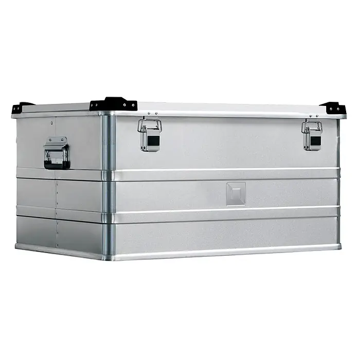 Munk Mehrzweckleiter Aluminium-Transportkiste stapelbar 782x585x412mm 157l - Aluminium - Silberfarbene Aluminium-Staubox mit schwarzen Ecken und Verschlüssen.