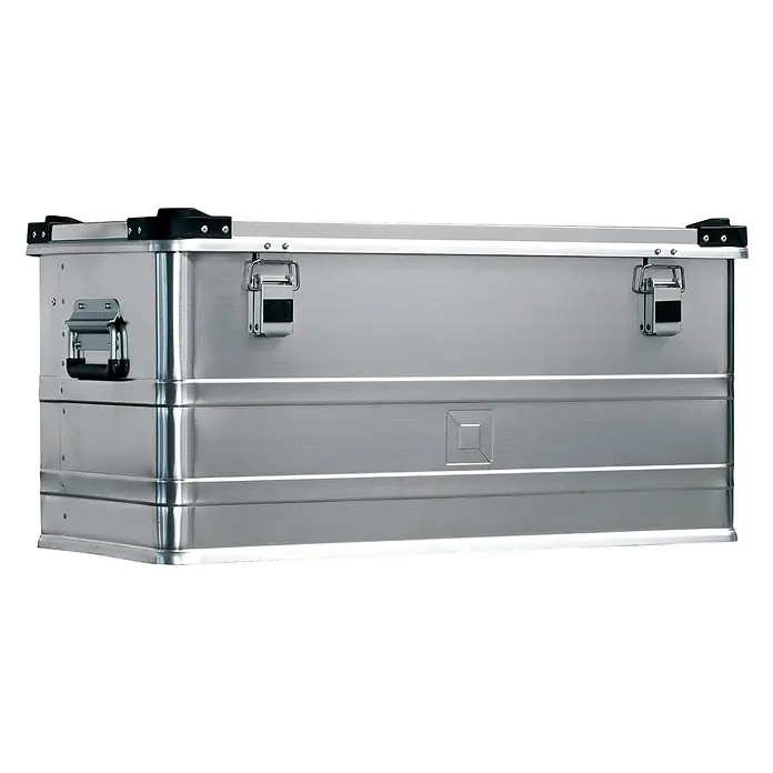 Munk Mehrzweckleiter Aluminium-Transportkiste stapelbar 782x385x379mm 91l - Aluminium - Robuste silberne Aluminium-Staubox mit Verschlüssen und Seitengriffen.