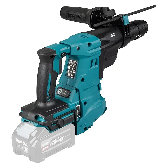 Makita XGT 40V max. Akku-Kombihammer HR012GZ - 40 V, Ohne Akku, 3,3 J - Makita Akku-Bohrhammer in Türkis und Schwarz mit angebrachtem Akku, schräg von oben dargestellt.