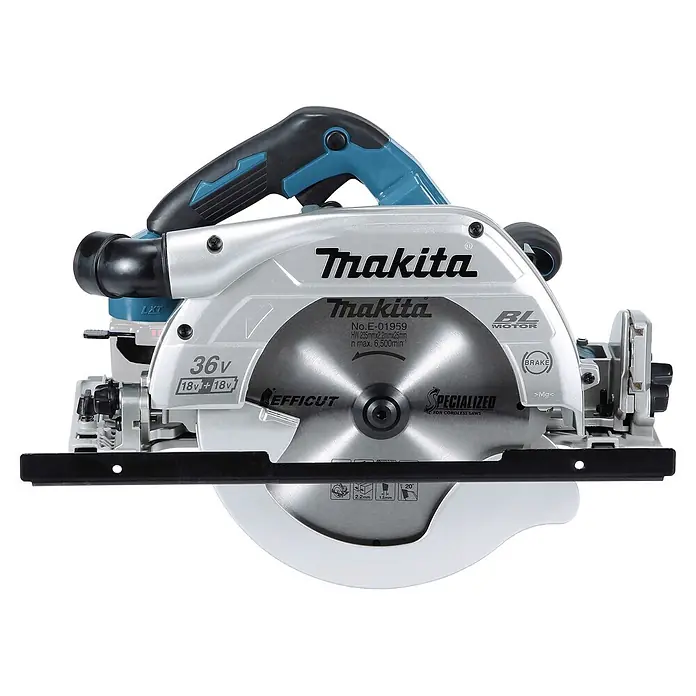 Makita LXT 18V Akku-Handkreissäge DHS900ZU - 36 V, Ohne Akku, Durchmesser Sägeblatt: 235 mm - Eine silber-türkise Makita 36V Akku-Kreissäge mit schwarzem Griff, BL-Motor, Bremse und einem großen EffiCUT-Sägeblatt.