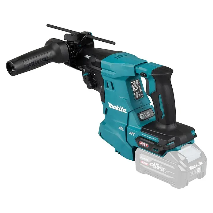 Makita XGT 40V max. Akku-Kombihammer HR012GZ - 40 V, Ohne Akku, 3,3 J - Makita türkiser und schwarzer Akku-Bohrhammer mit Akku, Zusatzgriff und Tiefenanschlag.
