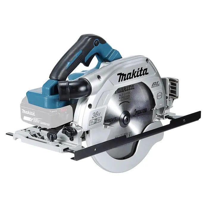 Makita LXT 18V Akku-Handkreissäge DHS900ZU - 36 V, Ohne Akku, Durchmesser Sägeblatt: 235 mm - Makita 36V Akku-Kreissäge, silbergrau mit blauen und schwarzen Akzenten, mit spezialisiertem Efficut-Sägeblatt.