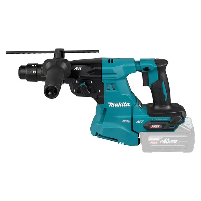 Makita XGT 40V max. Akku-Kombihammer HR012GZ - 40 V, Ohne Akku, 3,3 J - Türkise und schwarze Makita Akku-Bohrhammer mit angebrachtem 40V XGT Akku, Seitenhandgriff und Tiefenanschlag.
