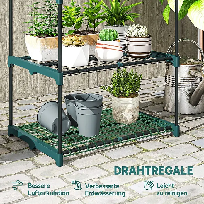 Outsunny Gewächshaus-Regal - 68 x 49 x 72 cm, Dunkelgrün - Grünes 2-stöckiges Draht-Pflanzenregal mit Töpfen, für Luftzirkulation, Drainage und leichte Reinigung.