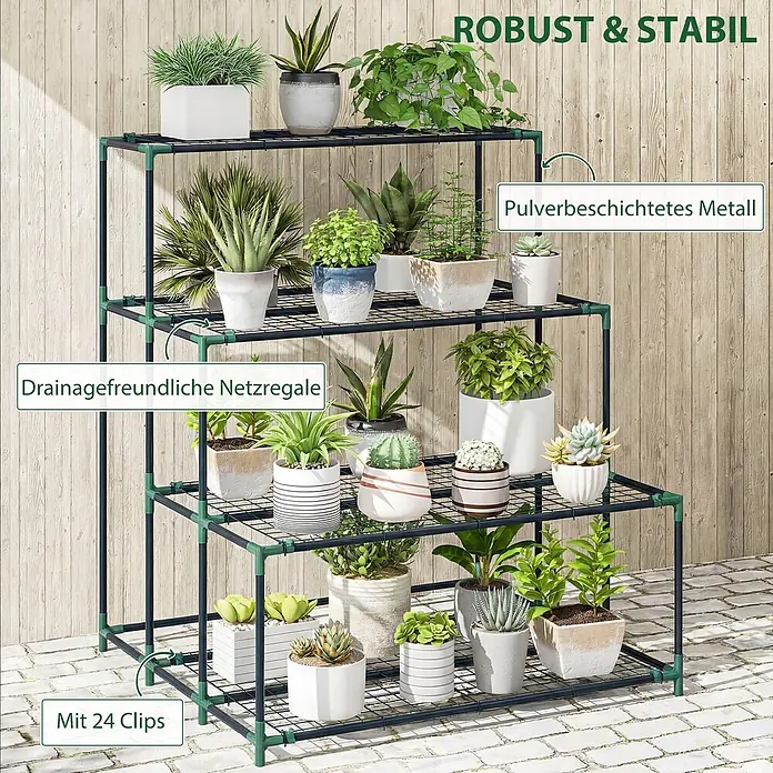 Outsunny Gewächshaus-Regal - 94 x 84 x 110 cm, Dunkelgrün - Mehrstufiges Pflanzenregal aus schwarz-grünem pulverbeschichtetem Metall, das verschiedene Topfpflanzen präsentiert.