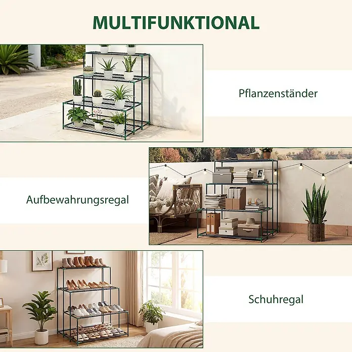 Outsunny Gewächshaus-Regal - 94 x 84 x 110 cm, Dunkelgrün - Dunkelgrünes multifunktionales Metallregal, als Pflanzenständer, Aufbewahrungs- und Schuhregal genutzt.