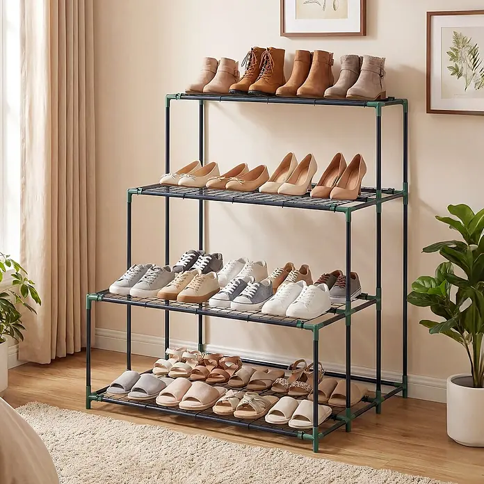 Outsunny Gewächshaus-Regal - 94 x 84 x 110 cm, Dunkelgrün - Ein 4-stöckiges Schuhregal mit dunklen Stangen, grünen Verbindern und Netzablagen, gefüllt mit Schuhen in einem Raum.