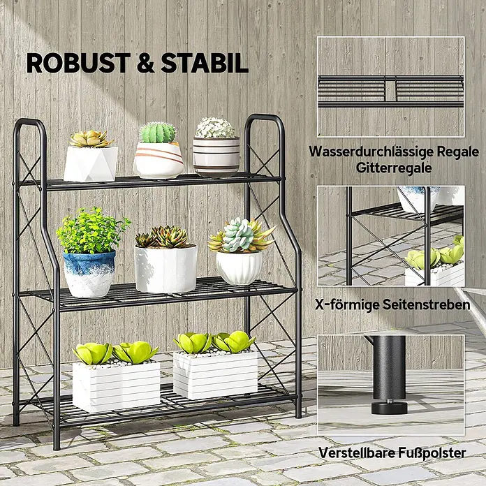 Outsunny Gewächshaus-Regal - 69 x 28,5 x 78 cm, Schwarz - Schwarzes Metall-Pflanzenregal mit 3 Ebenen, Gitterablagen, X-förmigen Seitenstreben und verstellbaren Füßen, präsentiert mit verschiedenen Topfpflanzen.
