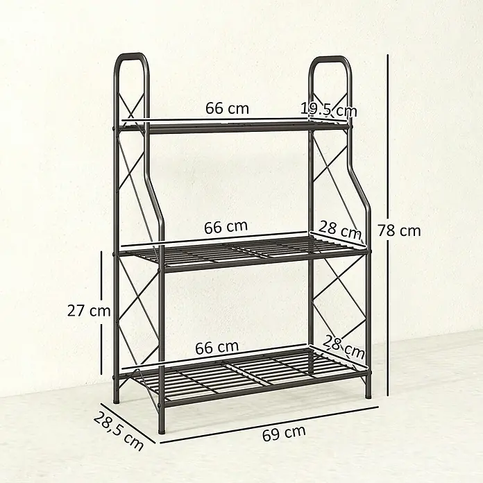 Outsunny Gewächshaus-Regal - 69 x 28,5 x 78 cm, Schwarz - Schwarzes Metall-3-Etagen-Pflanzenregal, 78 cm H x 69 cm B x 28,5 cm T, mit Gitterböden.