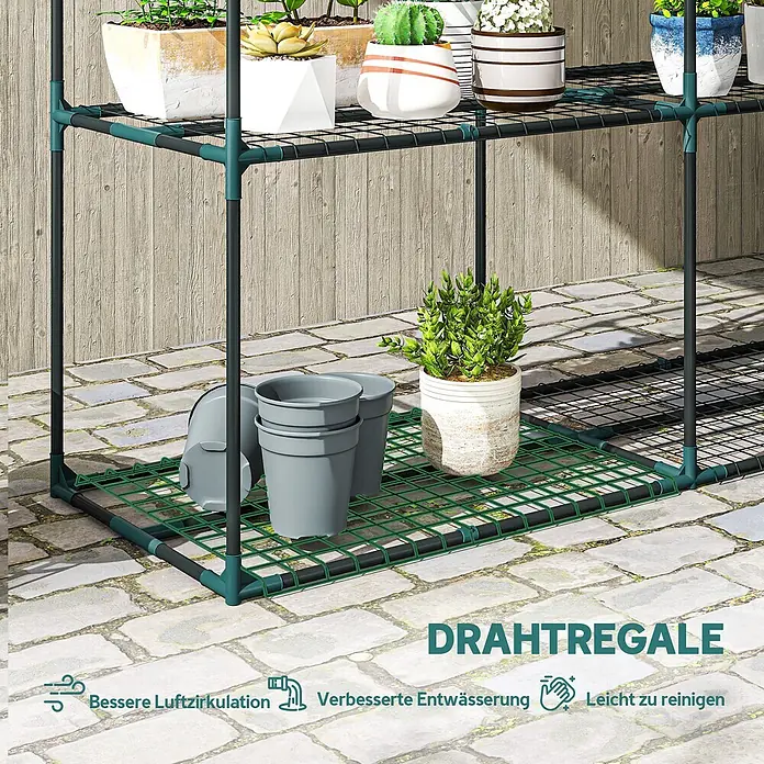 Outsunny Gewächshaus-Regal - 143 x 48 x 100 cm, Dunkelgrün - Dunkelgrünes Drahtregal für Topfpflanzen, das gute Luftzirkulation und Entwässerung fördert.