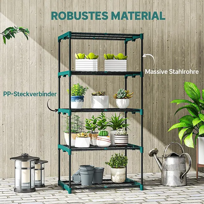 Outsunny Gewächshaus-Regal - 67 x 49 x 138 cm, Dunkelgrün - Fünfstöckiges Pflanzenregal mit schwarzen Stahlrohren und grünen PP-Verbindern, gefüllt mit Topfpflanzen auf einer Terrasse.