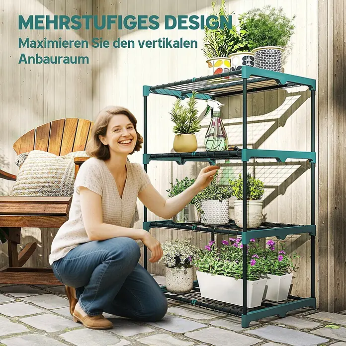 Outsunny Gewächshaus-Regal - 67 x 49 x 105 cm, Dunkelgrün - Ein mehrstufiges, dunkelgrünes Metall-Pflanzenregal für vertikales Gärtnern.