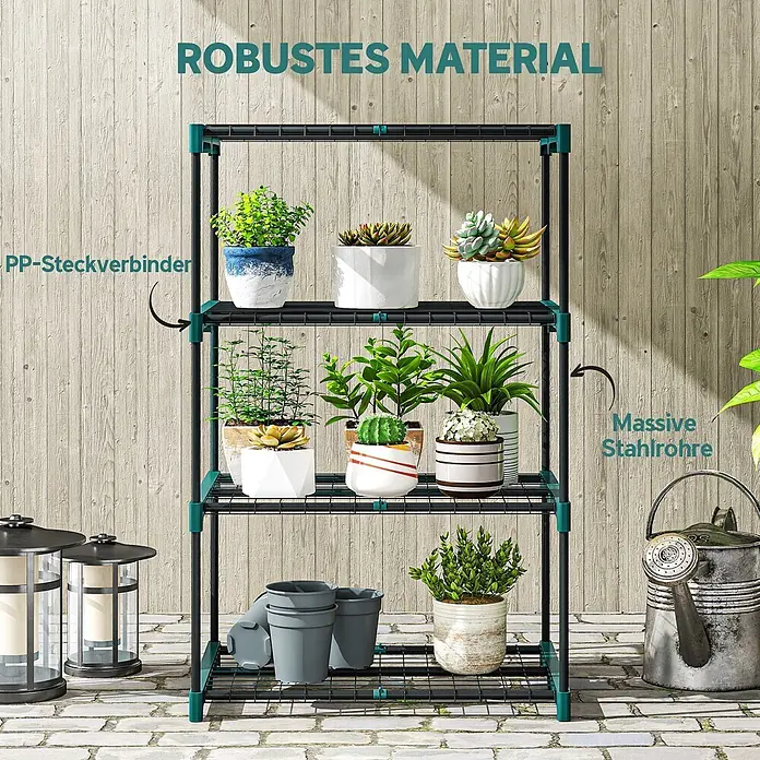 Outsunny Gewächshaus-Regal - 67 x 49 x 105 cm, Dunkelgrün - Robustes 3-stöckiges Pflanzenregal mit schwarzen Stahlrohren und grünen PP-Steckverbindern, bestückt mit verschiedenen Topfpflanzen.