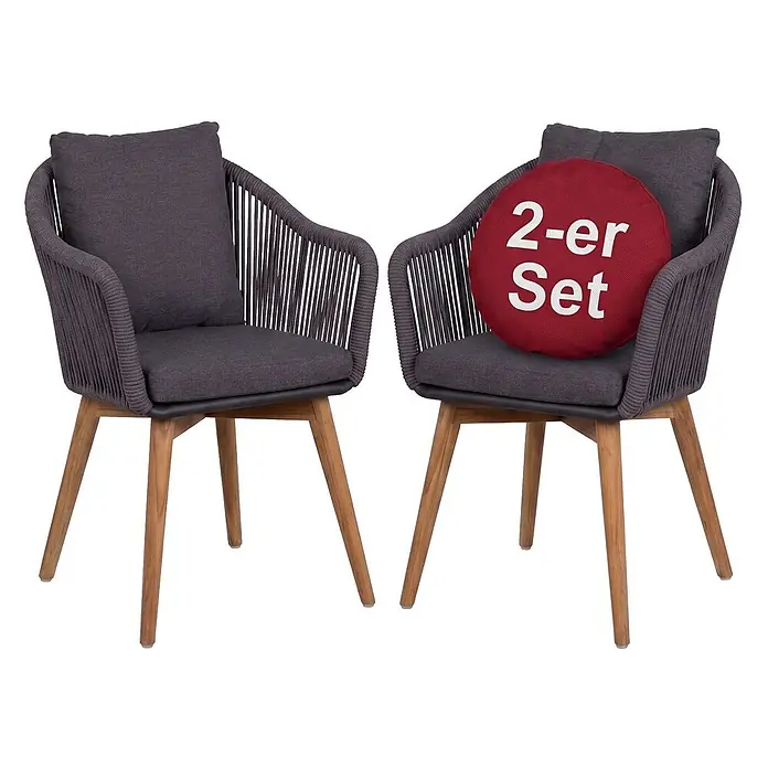 Bene Living Gartenstuhl-Set Solana - 2 Stk., Aluminium mit Teakbeinen, grau, B x T x H: 63 x 59 x 78 cm - Zwei dunkelgraue geflochtene Stühle mit dunkelgrauen Kissen und Holzbeinen, als Set verkauft.