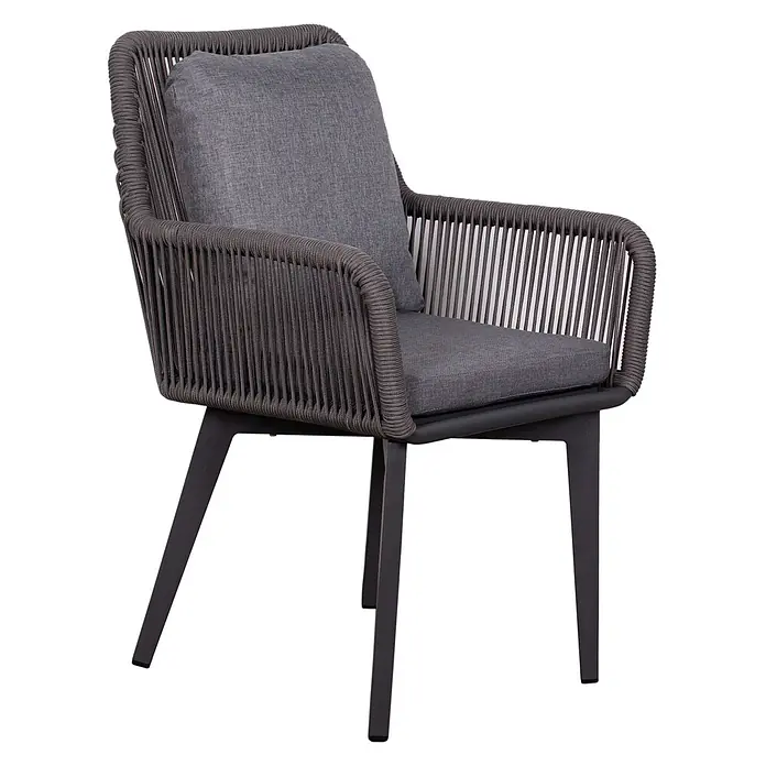 Bene Living Gartenstuhl-Set Marbella - 2 Stk., Aluminium mir Rope-Geflecht, grau - Dunkelgrauer Outdoor-Sessel mit geflochtenem Seildesign und passenden Kissen auf schwarzen Metallbeinen.