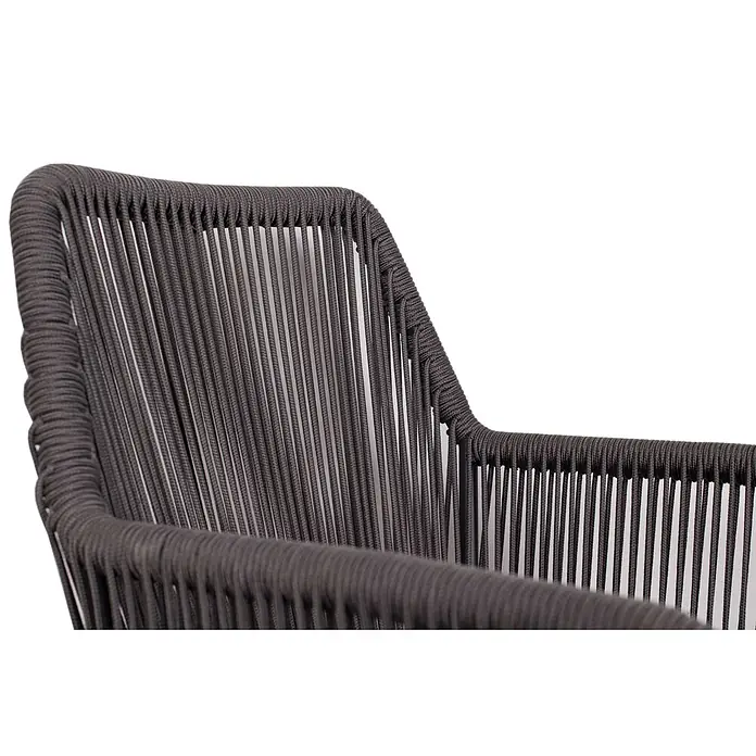 Bene Living Gartenstuhl-Set Marbella - 2 Stk., Aluminium mir Rope-Geflecht, grau - Nahaufnahme des Rückens und der Armlehne eines Stuhls aus dunkelgrauem geflochtenem Seil.