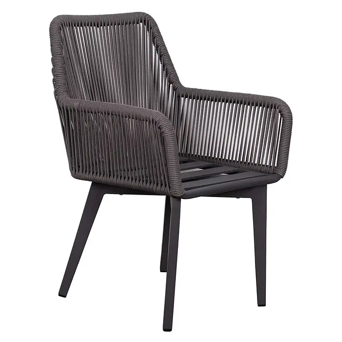 Bene Living Gartenstuhl-Set Marbella - 2 Stk., Aluminium mir Rope-Geflecht, grau - Dunkelgrauer Outdoor-Sessel mit geflochtener Seil-Rückenlehne und Armlehnen, auf Metallgestell und Beinen.