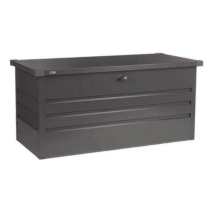 Home Deluxe Garten-Aufbewahrungsbox MEGABOX XXL Größe: 600L - L x B x H: 158 x 64 x 62 cm, Anthrazitgrau, Stahl - Dunkelgraue Metall-Aufbewahrungsbox mit Schloss an der Vorderseite und horizontal gerillten Seiten.