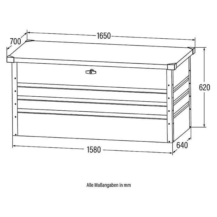 Home Deluxe Garten-Aufbewahrungsbox MEGABOX XXL Größe: 600L - Anthrazitgrau, Stahl - Bemaßte Zeichnung einer Aufbewahrungsbox mit Klappdeckel, mit Längen-, Breiten- und Höhenangaben.