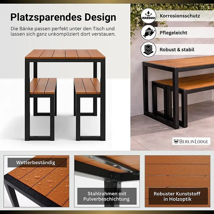 Berlinlodge Gartentisch-Set Bierzeltgarnitur MALLORCA - Klappbar - Platzsparendes Outdoor-Esstischset mit holzfarbener Kunststoffplatte, passenden Bänken und schwarzem pulverbeschichtetem Stahlrahmen.