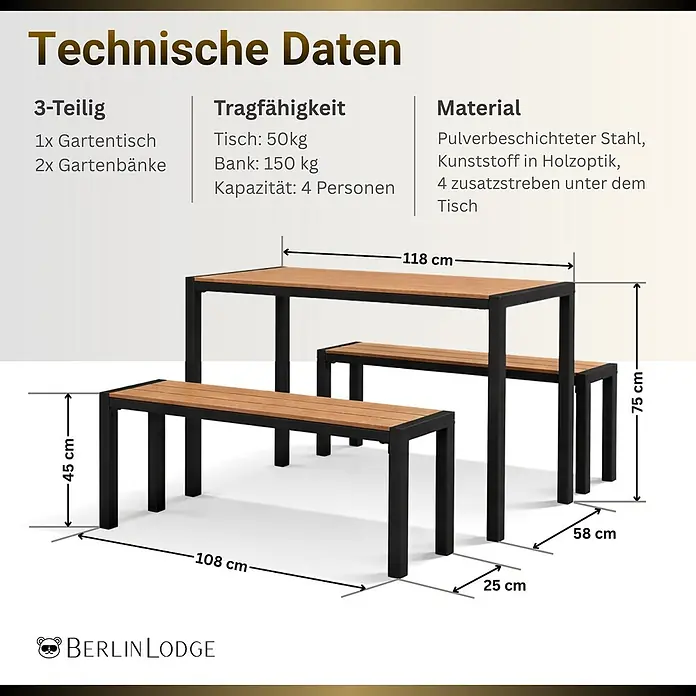 Berlinlodge Gartentisch-Set Bierzeltgarnitur MALLORCA - Klappbar - Gartentisch (118x58x75 cm) und zwei Bänke (108x25x45 cm) mit schwarzen Gestellen und Holzoptik-Platten, technische Daten.