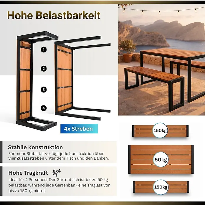 Berlinlodge Gartentisch-Set Bierzeltgarnitur MALLORCA - Klappbar - Gartensitzgruppe mit schwarzem Metallgestell und braunen Holzlatten. Hohe Stabilität durch Zusatzstreben und Belastbarkeit (Tisch 50kg, Bänke 150kg).