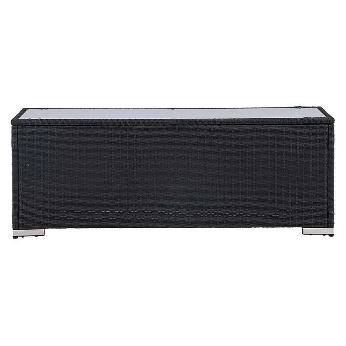Ebuy24 Garten-Loungetisch London - L x B x H: 50 x 120 x 45 cm, Ø x H: 50 x 45 cm, Korbmöbel, Schwarz, Stapelbar - Dunkelbraune Outdoor-Aufbewahrungsbox in Rattan-Optik, mit hellgrauer Platte und Metallfüßen.
