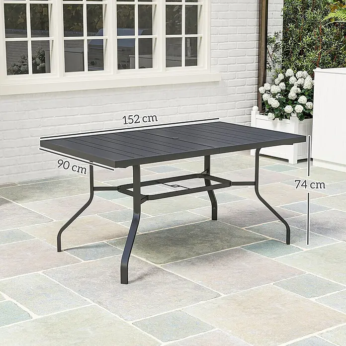 Outsunny Gartentisch mit Schirmloch - Stahl, Rechteck, Schwarz - Dunkelgrauer Metall-Esstisch für den Außenbereich auf einer Terrasse, Maße 152x90x74 cm.
