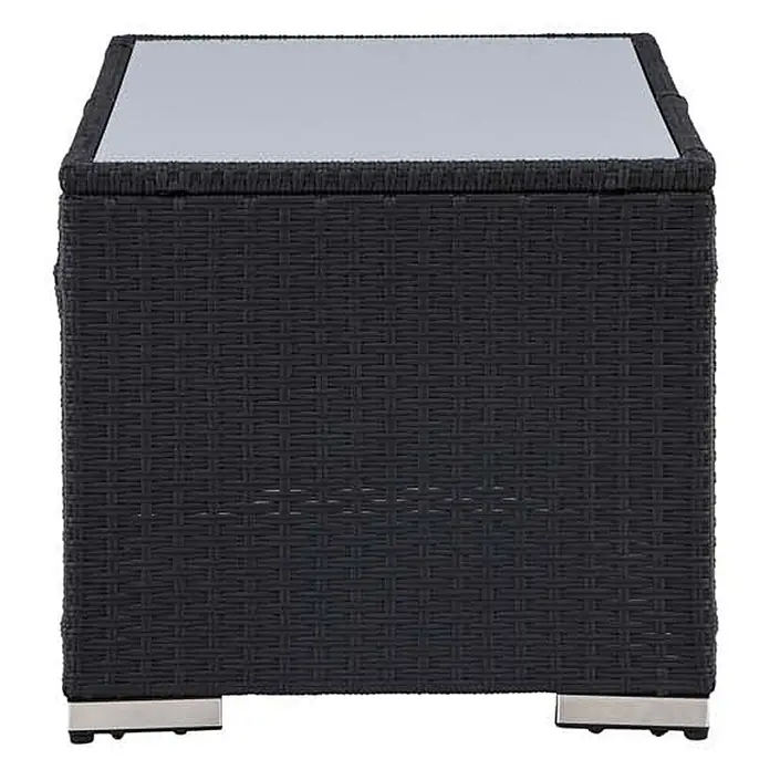 Ebuy24 Garten-Loungetisch London - L x B x H: 50 x 120 x 45 cm, Ø x H: 50 x 45 cm, Korbmöbel, Schwarz, Stapelbar - Dunkelgrauer geflochtener Outdoor-Beistelltisch mit Glasplatte und silbernen Füßen.