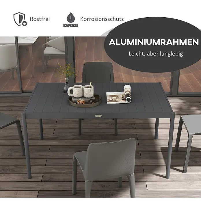 Outsunny Gartentisch im Lamellendesign - L x B x H: 145 x 90 x 74 cm, Aluminium, Rechteckig, Dunkelgrau - Dunkelgrauer Aluminium-Esstisch für den Außenbereich mit passenden Stühlen auf einer Terrasse. Rostfreier, korrosionsgeschützter Rahmen, leicht und langlebig.