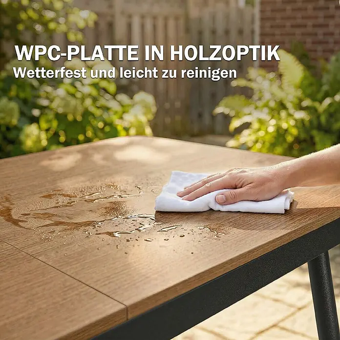 Outsunny Gartentisch - L x B x H: 140 x 80 x 75 cm - WPC-Tischplatte in Holzoptik, Wasser wird abgewischt, demonstriert wetterfeste und pflegeleichte Oberfläche.