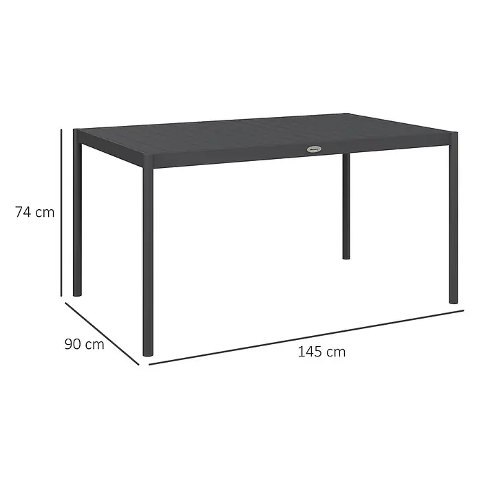 Outsunny Gartentisch im Lamellendesign - L x B x H: 145 x 90 x 74 cm, Aluminium, Rechteckig, Dunkelgrau - Dunkelgrauer rechteckiger Gartentisch mit Lattenplatte, 145x90x74 cm.