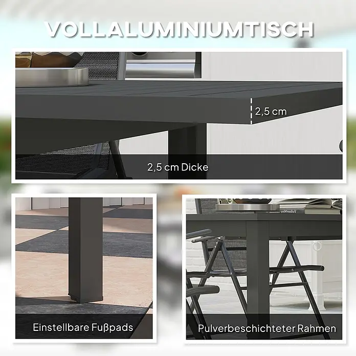 Outsunny Gartentisch - L x B x H: 160 x 90 x 73 cm, Aluminium, Rechteck, Grau - Dunkelgrauer Vollaluminiumtisch mit 2,5 cm dicker Platte, verstellbaren Fußpads und pulverbeschichtetem Rahmen.
