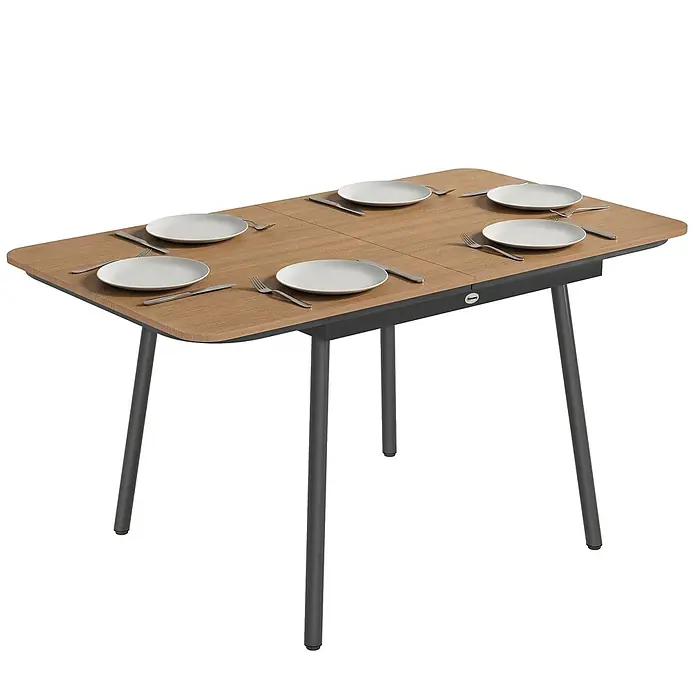 Outsunny Gartentisch - L x B x H: 140 x 80 x 75 cm - Ausziehbarer Esstisch aus Holz mit dunkelgrauen Beinen, gedeckt mit sechs Tellern und Besteck.