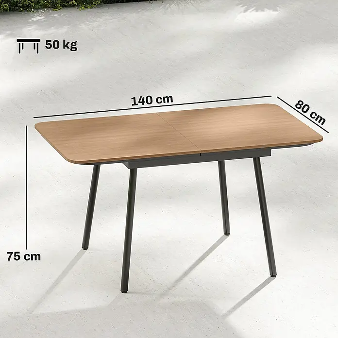 Outsunny Gartentisch - L x B x H: 140 x 80 x 75 cm - Ausziehbarer rechteckiger Esstisch mit heller Holzplatte und schwarzen Beinen, 140x80x75 cm, 50 kg Belastbarkeit.