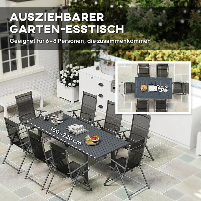 Outsunny Gartentisch - L x B x H: 160 x 90 x 73 cm, Aluminium, Rechteck, Grau - Ausziehbarer dunkelgrauer Gartenesszimmertisch (160-220 cm) mit passenden Stühlen auf einer Terrasse, geeignet für 6-8 Personen.