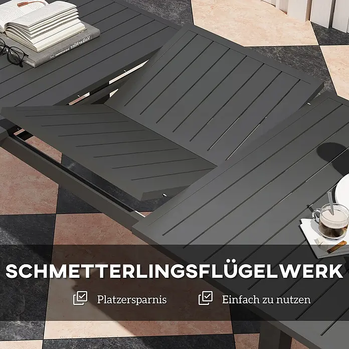 Outsunny Gartentisch - L x B x H: 160 x 90 x 73 cm, Aluminium, Rechteck, Grau - Dunkelgrauer erweiterbarer Gartentisch mit Schmetterlingsauszug. Platzsparend und einfach zu bedienen.