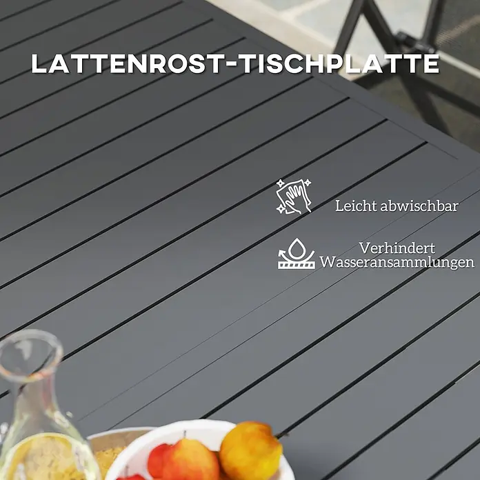 Outsunny Gartentisch - L x B x H: 160 x 90 x 73 cm, Aluminium, Rechteck, Grau - Dunkelgraue Lattenrost-Tischplatte, leicht abwischbar und verhindert Wasseransammlungen.
