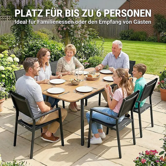 Outsunny Gartentisch - L x B x H: 140 x 80 x 75 cm - Gartentischgruppe mit Holztisch und sechs dunklen Metall-Stoffstühlen, bietet Platz für 6 Personen im Garten.