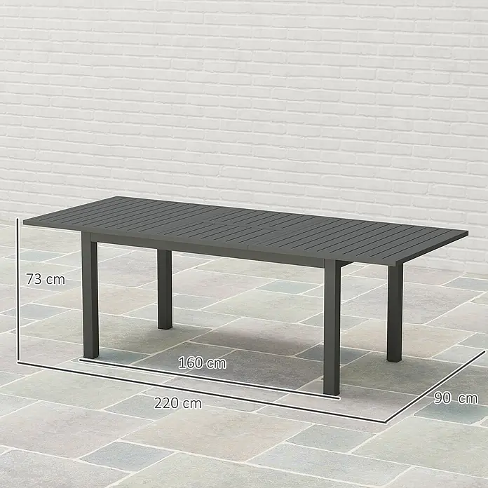 Outsunny Gartentisch - L x B x H: 160 x 90 x 73 cm, Aluminium, Rechteck, Grau - Dunkelgrauer ausziehbarer Gartentisch mit Lattenplatte. Maße: 73 cm (H), 160/220 cm (L), 90 cm (B).