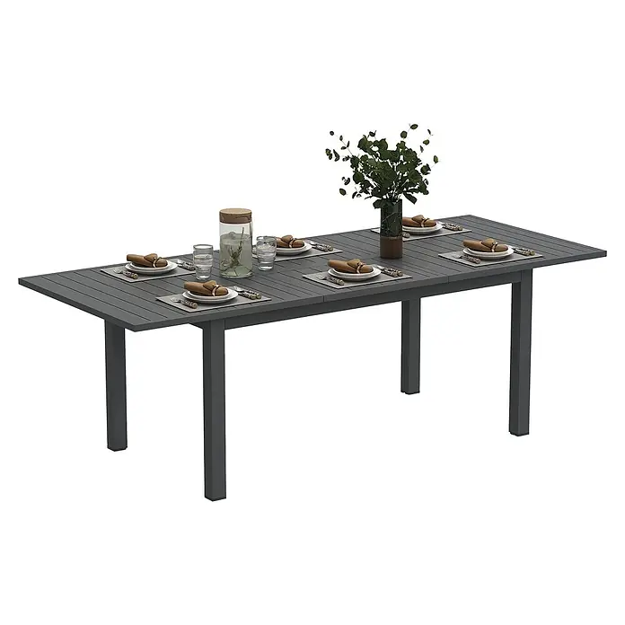 Outsunny Gartentisch - L x B x H: 160 x 90 x 73 cm, Aluminium, Rechteck, Grau - Ausziehbarer, dunkelgrauer Latten-Esstisch für den Außenbereich, für sechs Personen gedeckt.