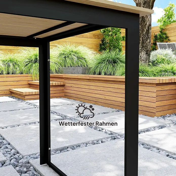 Outsunny Gartentisch mit Platz für 6 Personen - L x B x H: 175 x 78 x 75 cm, Kunststoff, Metall, Rechteck, Teak - Schwarzer Metallrahmen einer Pergola mit Holzlamellendach in einem modernen Garten. Wetterfest.